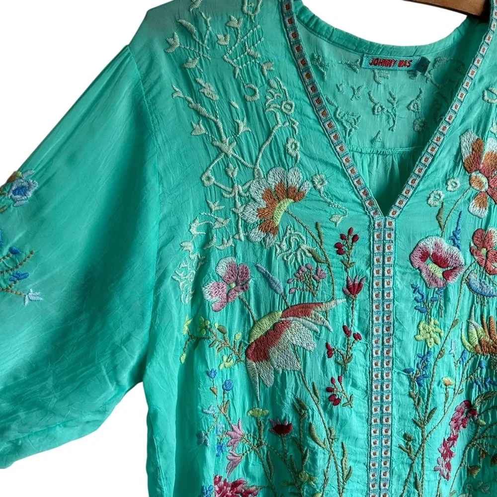 Johnny Was Cosette Blue Floral Embroidered Blouse Womens L - Picture 3 of 5
